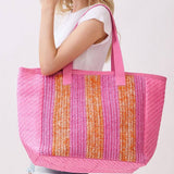Nautical Stripe Paper Straw Tote Bag in Pink