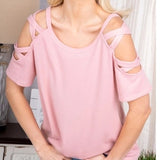Crisscross Cold Shoulder Solid Top Dusty Pink