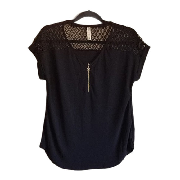 Lace Top Zippered Black Shirt