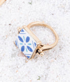 Santorini Blue & White Tile Statement Ring – Golden Bronze Band | Barse Jewelry