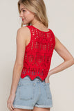 Sleeveless Round Neck Cotton Crochet Crop Tank Top Red