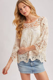 Boho Sheer Crochet Top - 3/4 Sleeve Lace Blouse Ivory