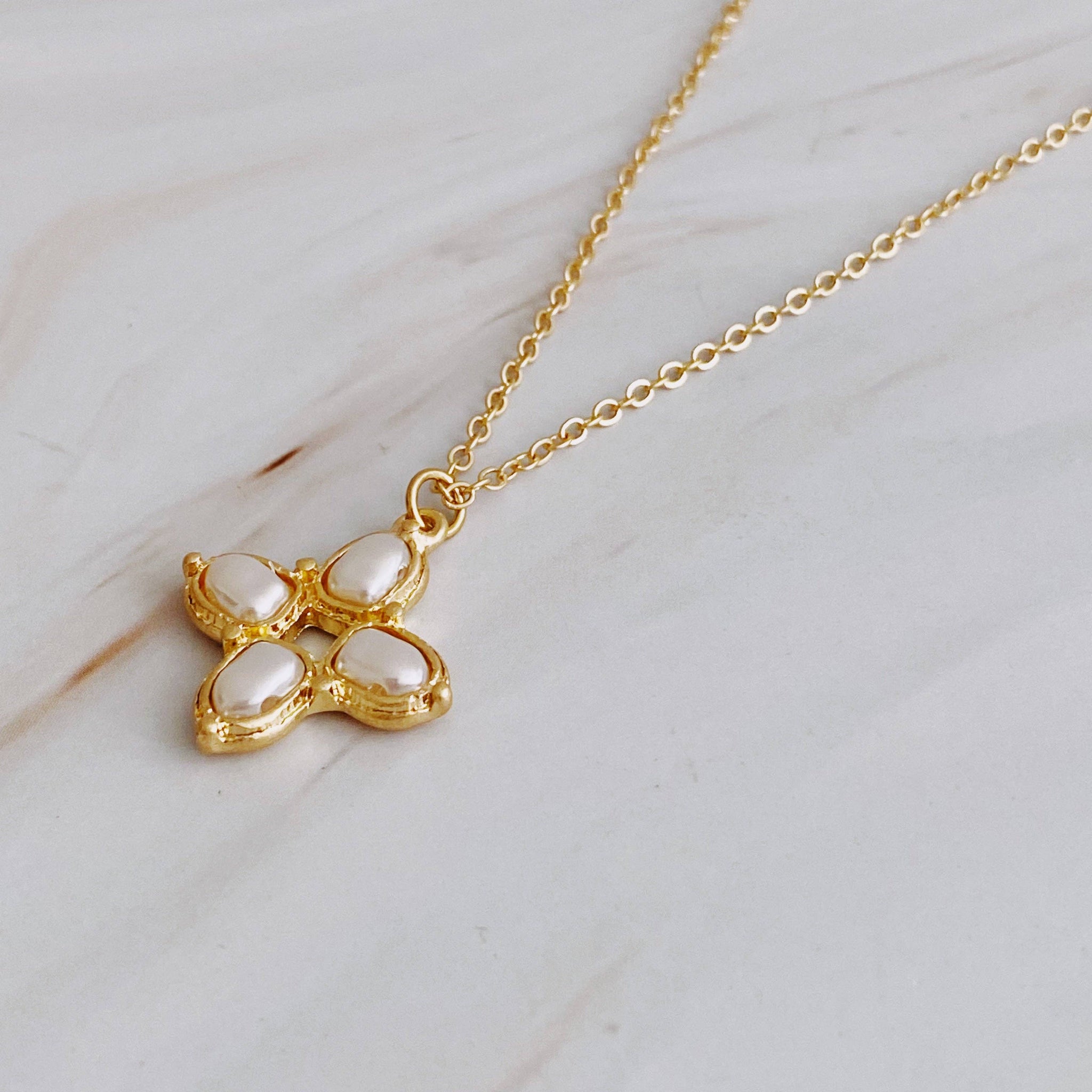 Square Pearl Cross Necklace | Gold Plated