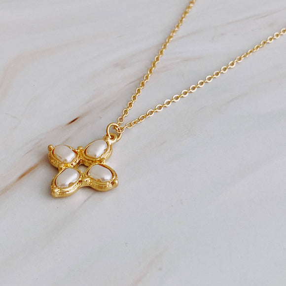 Square Pearl Cross Necklace | Gold Plated