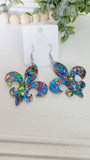 Confetti Mardi Gras Fleur De Lis Dangle Earrings