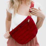 Crimson Red Quilted Puffer Sling Belt Crossbody Bag