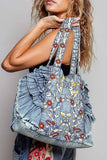 Floral Embroidered Ruffle Denim Tote Bag