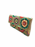 Floral Embroidery & Gold Beaded Clutch with Crossbody Chain