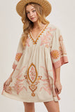 Boho Embroidered Babydoll Dress – Pink