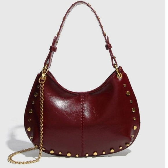 Retro Studded Chain Strap Shoulder Bag Dark Red
