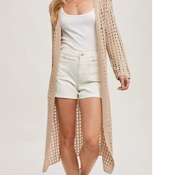 Open Knit Long Line Duster Cardigan Beige