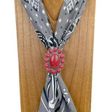 Western Silver Tone Stones With Large Center Red Stone Wild Rag Scarf Slide