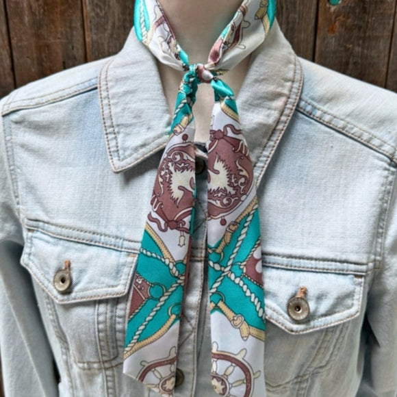 Turquoise Nautical Pattern Western Skinny Cowgirl Mini Wild Rag Scarf Necktie