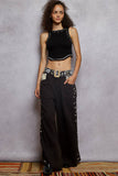 Floral Embroidered Belt – Black & White | Beaded Straw Buckle | Pol Clothing