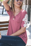 Lace Sleeve Detailed V Neck Pocket Top Mauve