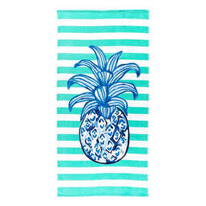 Blue Aqua Striped Tropical Pineapple Beach Towel