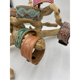 Western Boho Layering Hand Tooled Leather Bracelet Ivory Blue