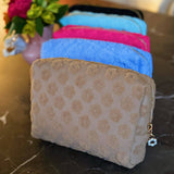 Embossed Daisy Cosmetic Case - Pink Floral Makeup Bag with Gold Zipper