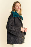 Fluffy Cable Knit Button Front Cardigan with Fuzzy Collar Charcoal Green