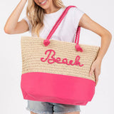 Crochet & Color-Sewn Rope Beach Tote Bag in Hot Pink