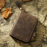 Crazy Horse Leather Dark Brown Zipper Card Holder Wallet | Men & Women