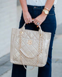 Kinzley Quilted Vegan Leather Tote – Gold Shimmer