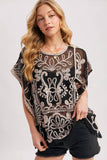 Embroidered Mesh Crochet Top - Black with Ivory Detail