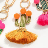 Mustard Orange Green Tassel Pom Pom Cactus Keychain Bag Purse Charm