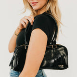 Arlys Black Vegan Leather Barrel Shoulder Bag