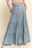 Denim Button-Front Ruffle Hem Maxi Skirt