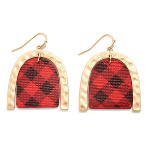 Arch Drop Earrings Buffalo Plaid Red Black Gold