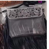 Hand Tooled Leather Clear Purse Crossbody Concert Game Day White and Black
