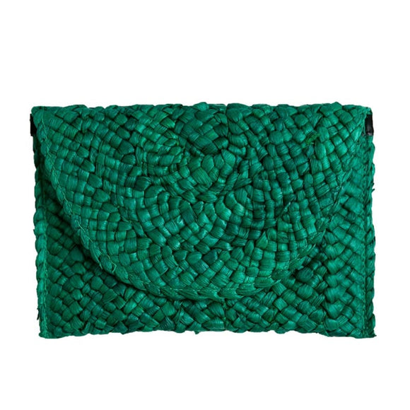 Eliza Rattan Woven Straw Clutch Emerald Green