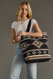 Western Boho Aztec Woven Cotton Shopper Tote Black Taupe Cream Brown Pom Tassel