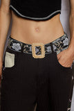 Floral Embroidered Belt – Black & White | Beaded Straw Buckle | Pol Clothing