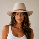 Cognac Faux Leather Hat Band with Gold-Tone Double-Ring Detail