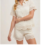 Cotton Embroidered Lace Trimmed Button Shirt Creamy Natural
