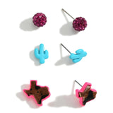 Set of Three Texas Stud Earrings Hot Pink and Turquoise