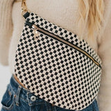 Black White Check Woven Crossbody Bag - Sling Belt Bag with Adjustable Strap