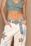 Blue Floral Print Circular Buckle Belt