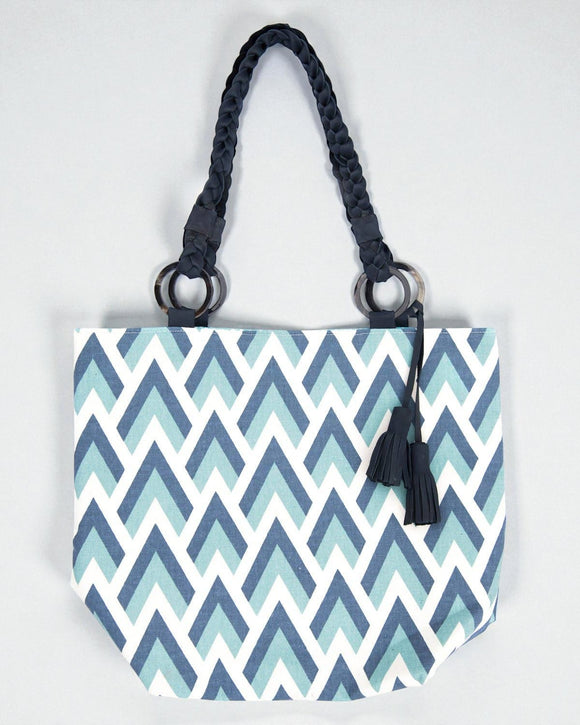 Blue White Mountain Leather Handled Cotton Tote