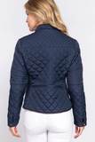 Suede Piping Detail Knit Rib Quilted Padding Jacket Navy