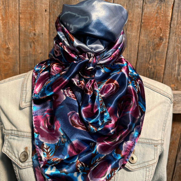 Blue Purple Roses Printed Western Southwestern Wild Rag Scarf Accent