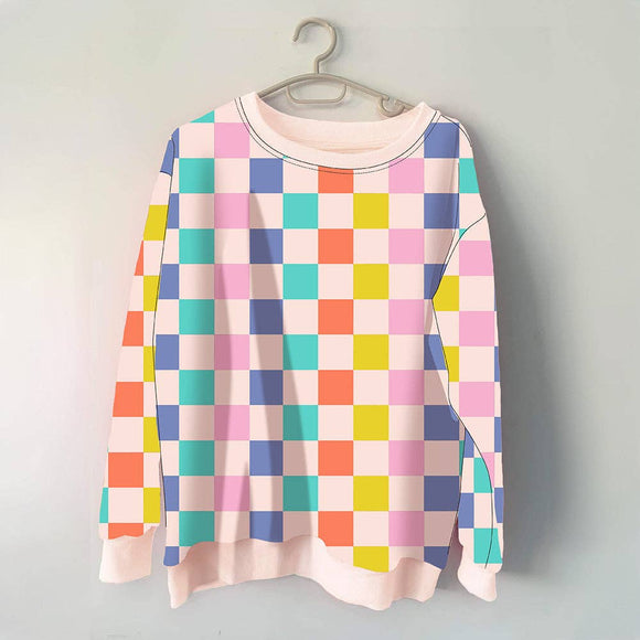 Retro Multicolored Checkered Printed All Over Sweatshirt