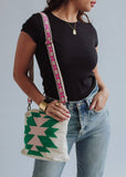 Beige, Green & Pink Aztec Woven Cotton Crossbody Bag | Boho Removable Strap