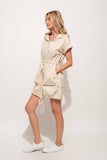 Short Sleeve Drawstring Hooded Mini Dress Almond