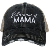 Script Blessed Mama Embroidered Black Distressed Trucker Hat
