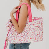 Presley Puffer Nylon Quilted Tote Bag With Pouch Pink Floral