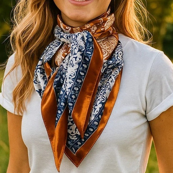 Two Tone Rust Navy Paisley Printed Western Southwestern Wild Rag Scarf Accent
