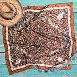 Western Longhorn Print Silky Wild Rag | 36x36 | Mocha & Turquoise